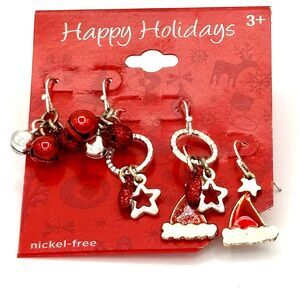 New 3 Christmas Earrings In Red & Silver Tone Nickel Free